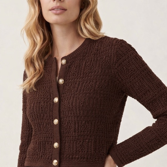Magaschoni Sweaters - Magaschoni Pointelle Crochet Cardigan Chocolate Brown S NWT